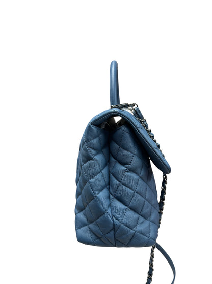 CHANEL Caviar Coco Handle Top Handle Bag Blue Silver Hardware CH2142