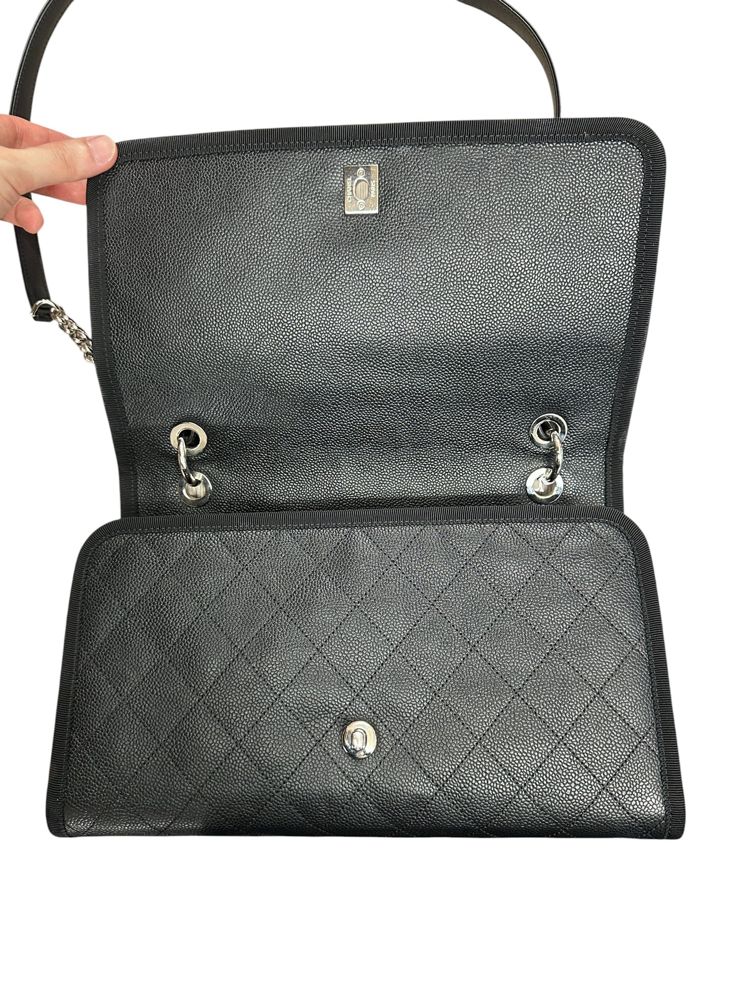 CHANEL Caviar Quilted Top Handle Flap Bag Black Silver Hardware CH2143