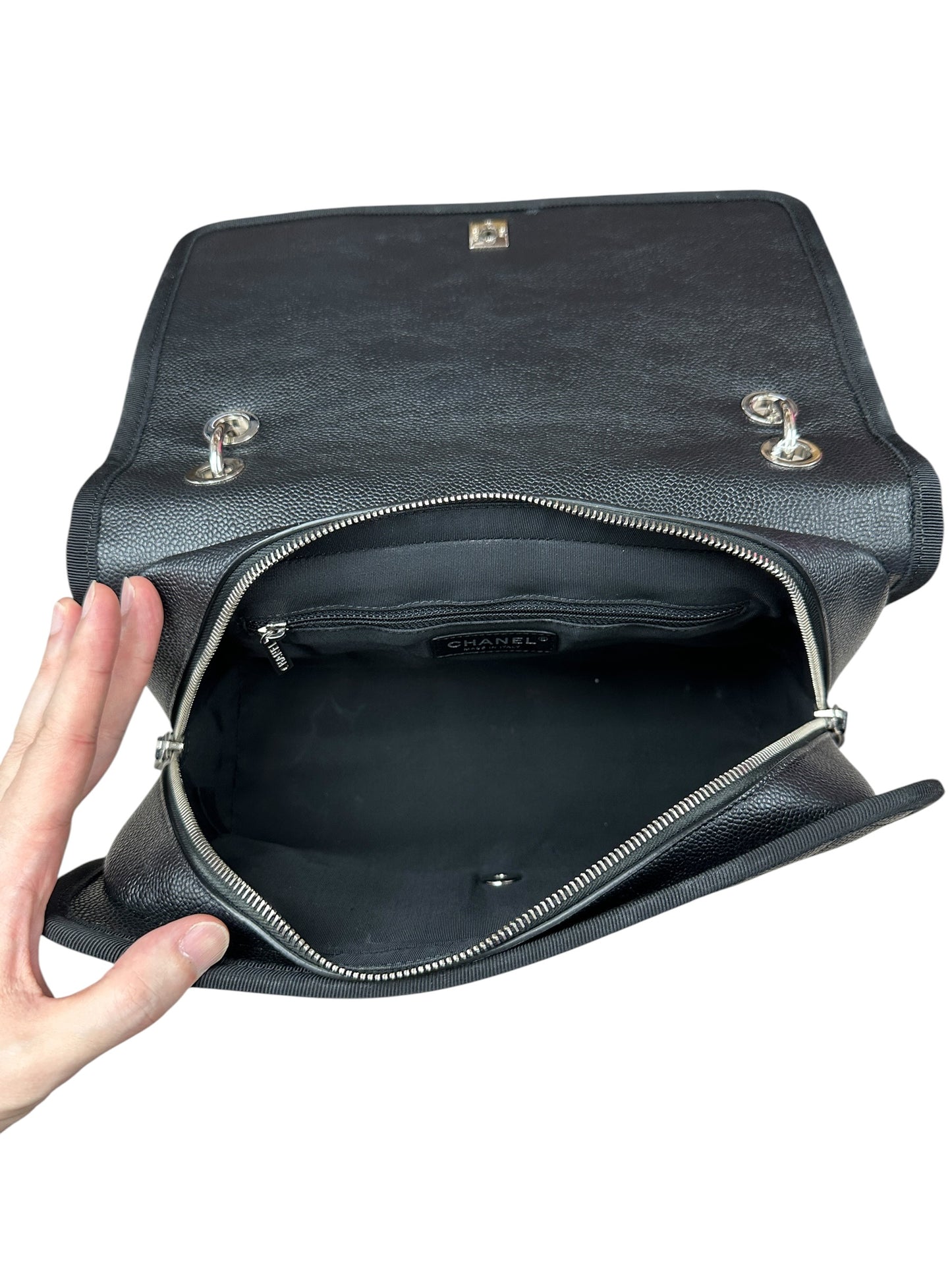 CHANEL Caviar Quilted Top Handle Flap Bag Black Silver Hardware CH2143