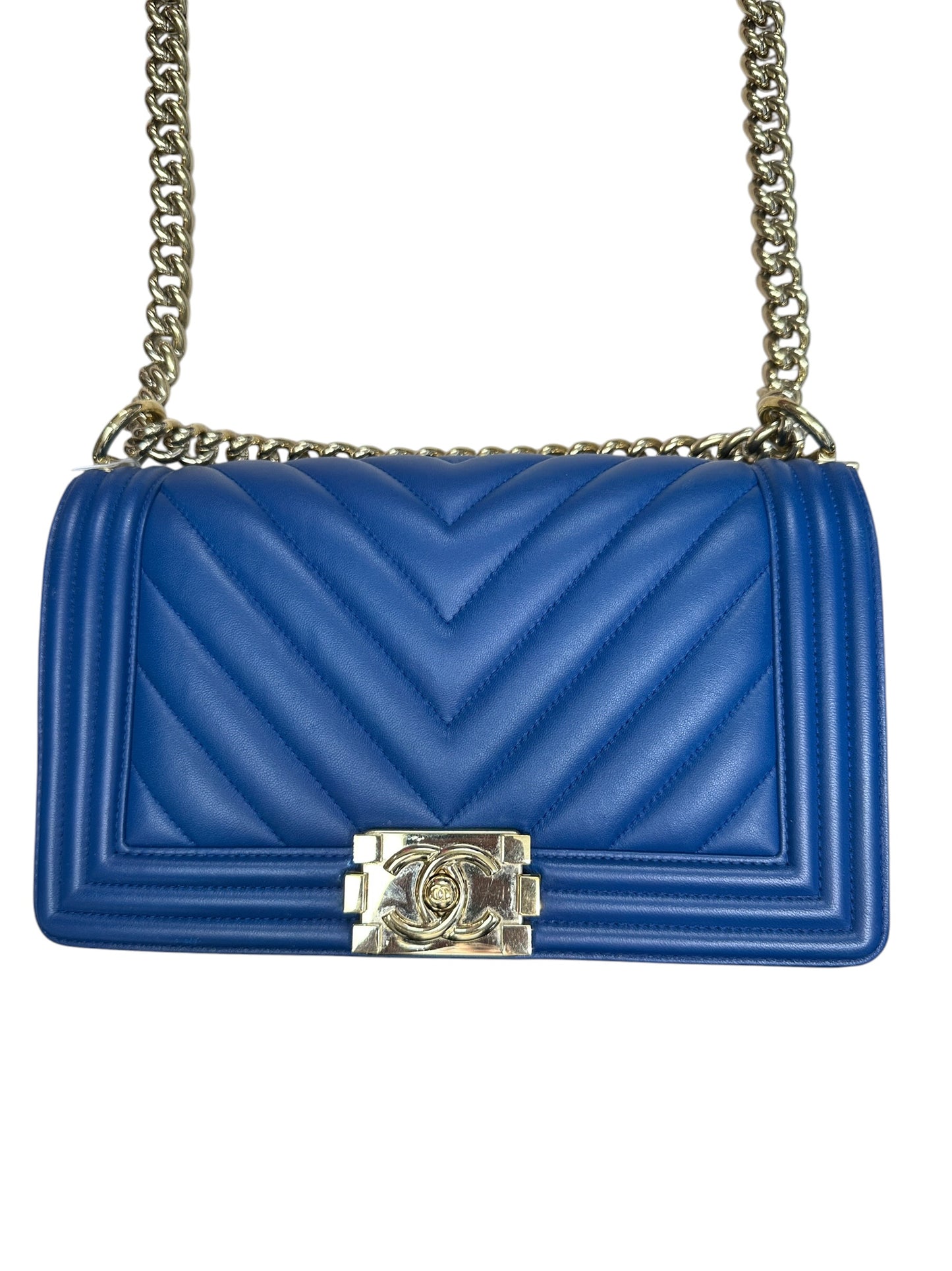 CHANEL Lambskin Boy Bag Old Medium Chevron Flap Blue Gold Hardware CH2144