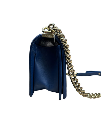 CHANEL Lambskin Boy Bag Old Medium Chevron Flap Blue Gold Hardware CH2144
