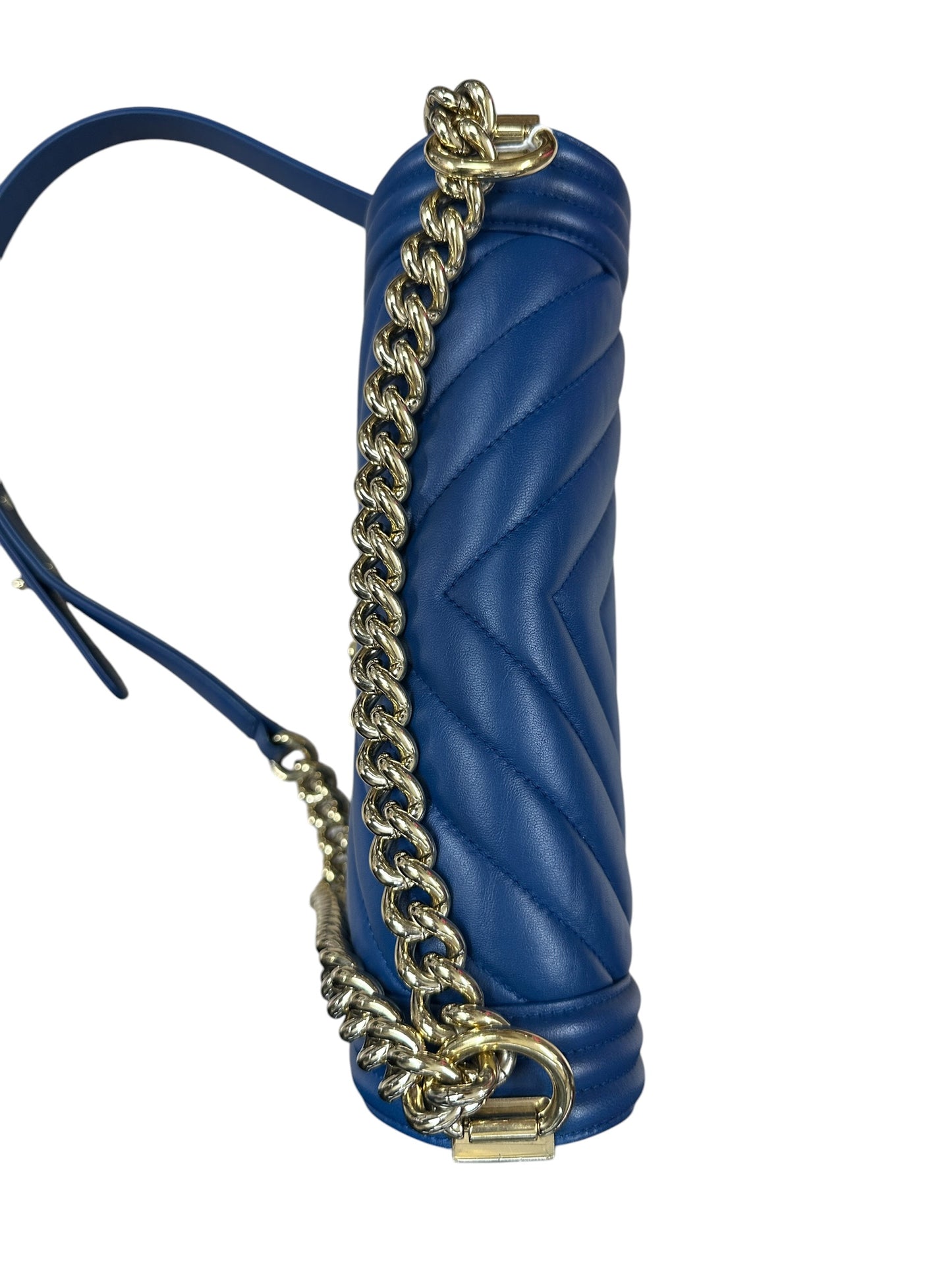 CHANEL Lambskin Boy Bag Old Medium Chevron Flap Blue Gold Hardware CH2144