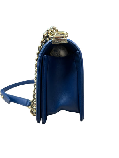 CHANEL Lambskin Boy Bag Old Medium Chevron Flap Blue Gold Hardware CH2144