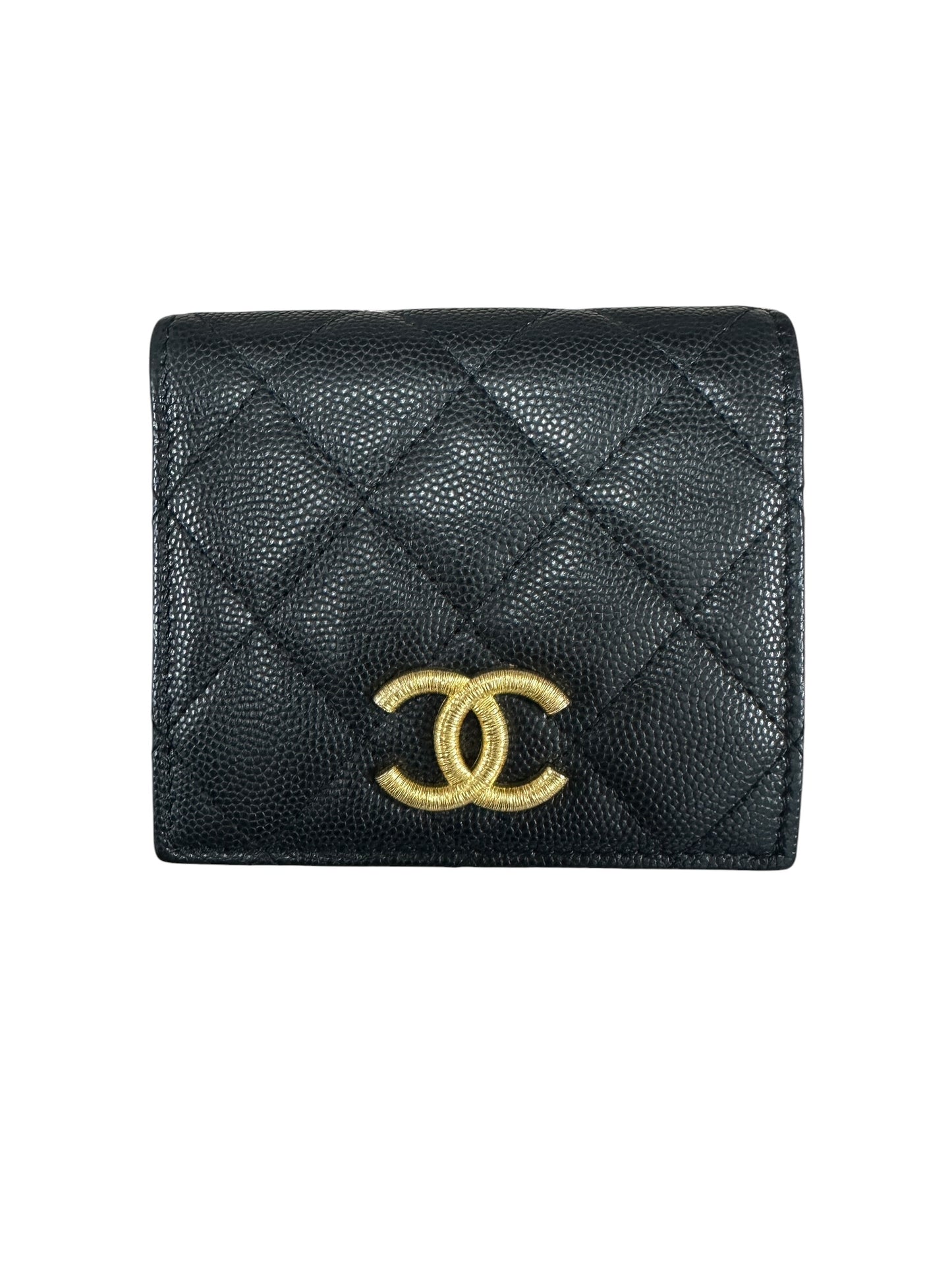 CHANEL Caviar Quilted Compact Bifold Wallet Black Gold Hardware CH2147