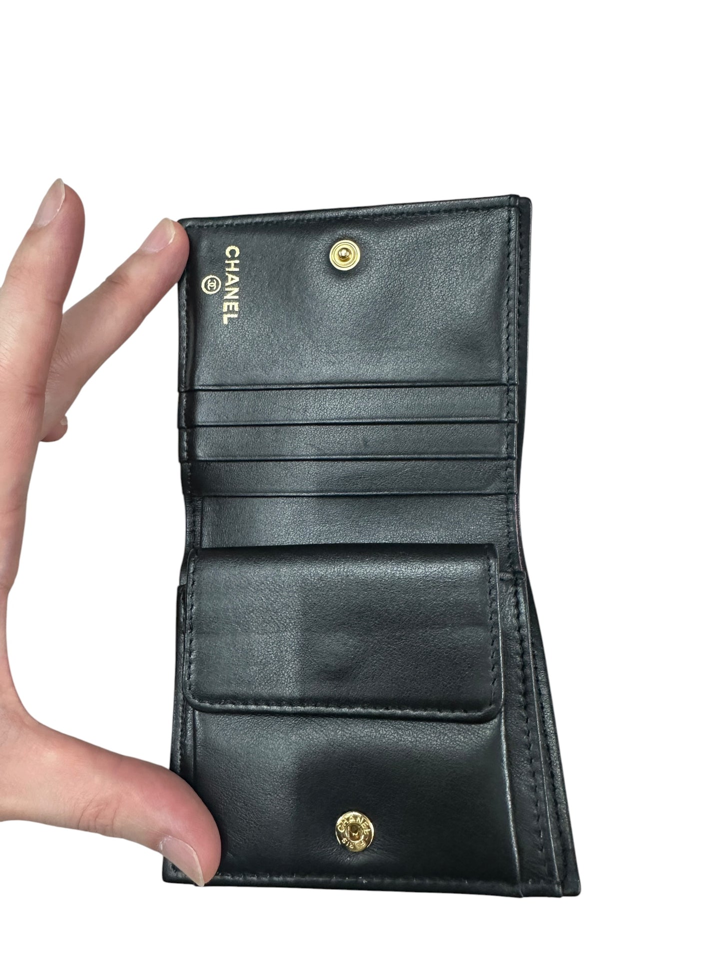 CHANEL Caviar Quilted Compact Bifold Wallet Black Gold Hardware CH2147