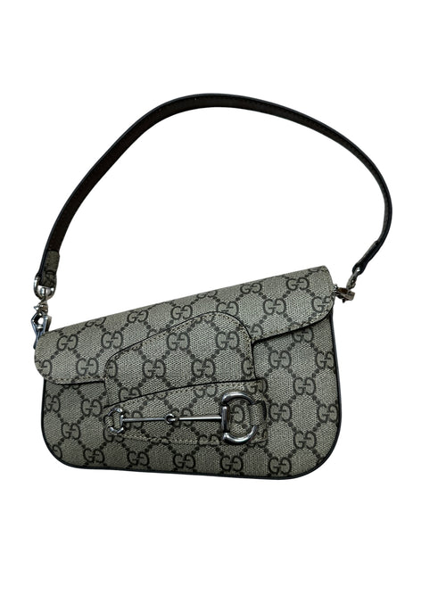 GUCCI GG Supreme Horsebit 1955 Shoulder Bag Beige Silver Hardware GU591