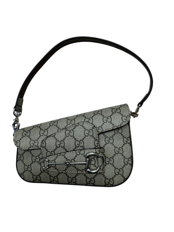 GUCCI GG Supreme Horsebit 1955 Shoulder Bag Beige Silver Hardware GU591