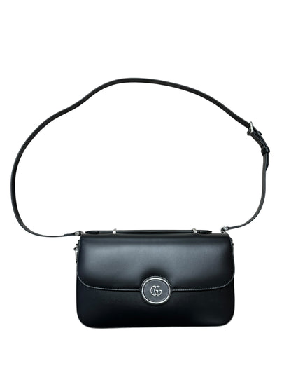 GUCCI Smooth Leather Petite GG Shoulder Bag Black Silver Hardware GU592