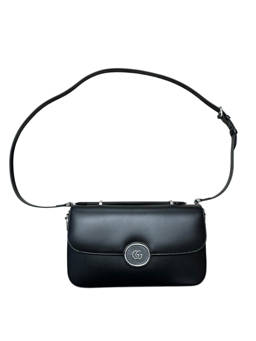 GUCCI Smooth Leather Petite GG Shoulder Bag Black Silver Hardware GU592