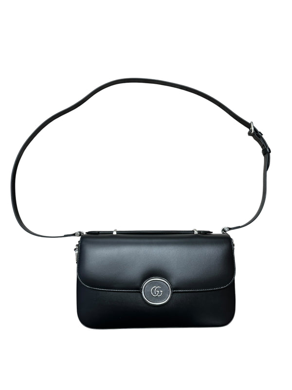 GUCCI Smooth Leather Petite GG Shoulder Bag Black Silver Hardware GU592