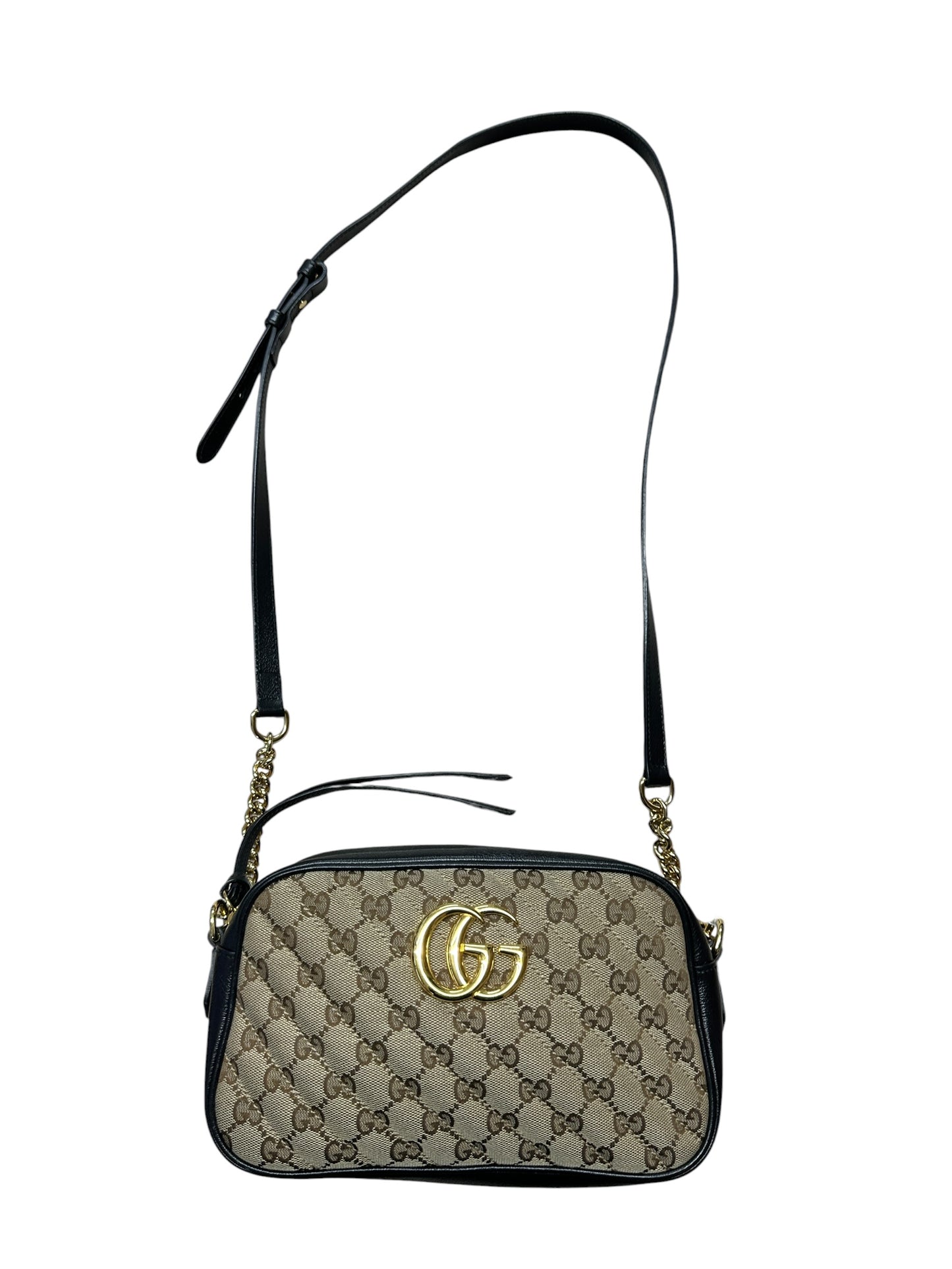 GUCCI GG Canvas Chain Shoulder Bag Beige Black Gold Hardware GU593