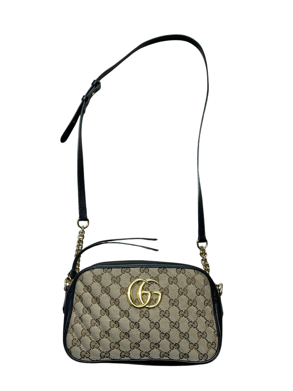 GUCCI GG Canvas Chain Shoulder Bag Beige Black Gold Hardware GU593
