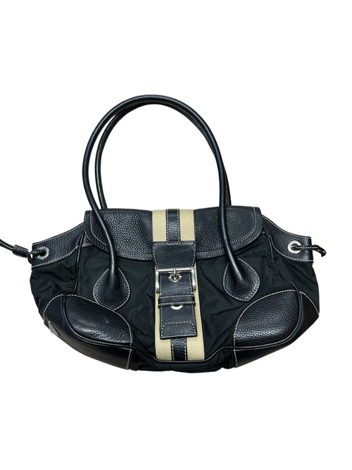 PRADA Tessuto Nylon Leather Buckle Handbag Black Silver Hardware PR195
