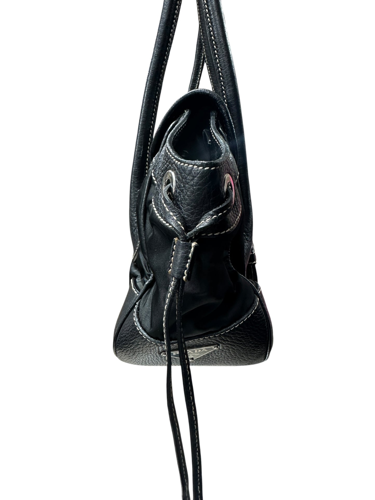 PRADA Tessuto Nylon Leather Buckle Handbag Black Silver Hardware PR195