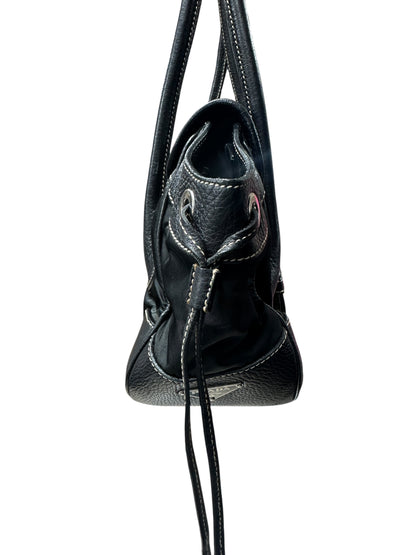 PRADA Tessuto Nylon Leather Buckle Handbag Black Silver Hardware PR195