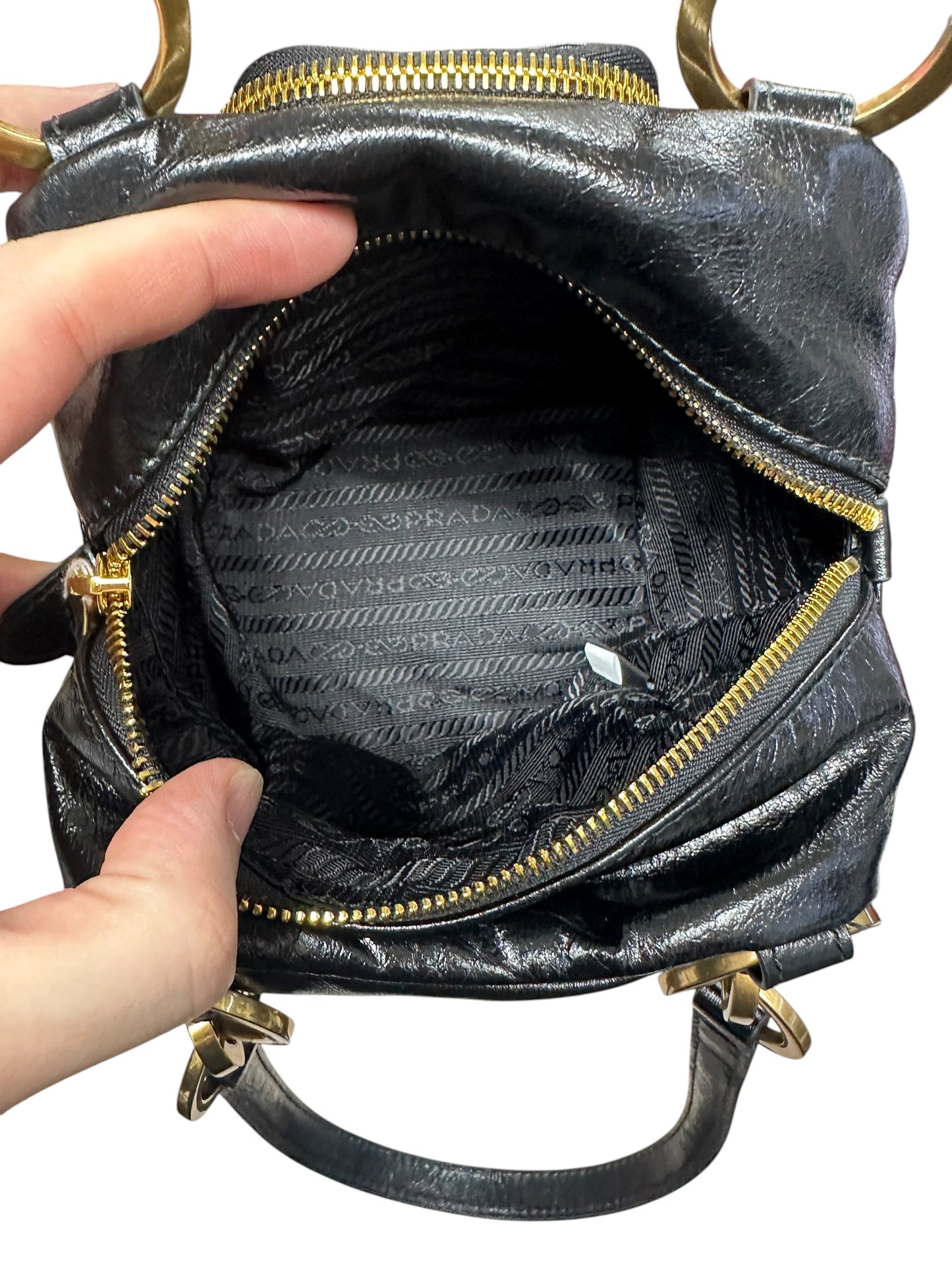 PRADA Glace Calfskin Multi Pocket Shoulder Bag Black Gold Hardware PR196