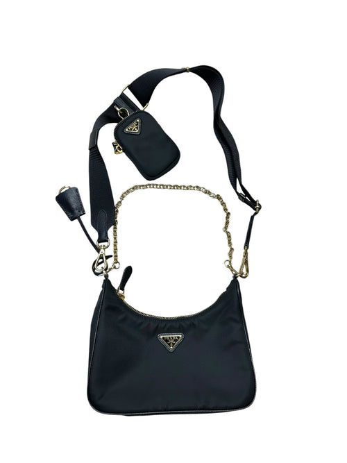 PRADA Re-Edition 2005 Nylon Chain Shoulder Bag Black Gold Hardware PR197