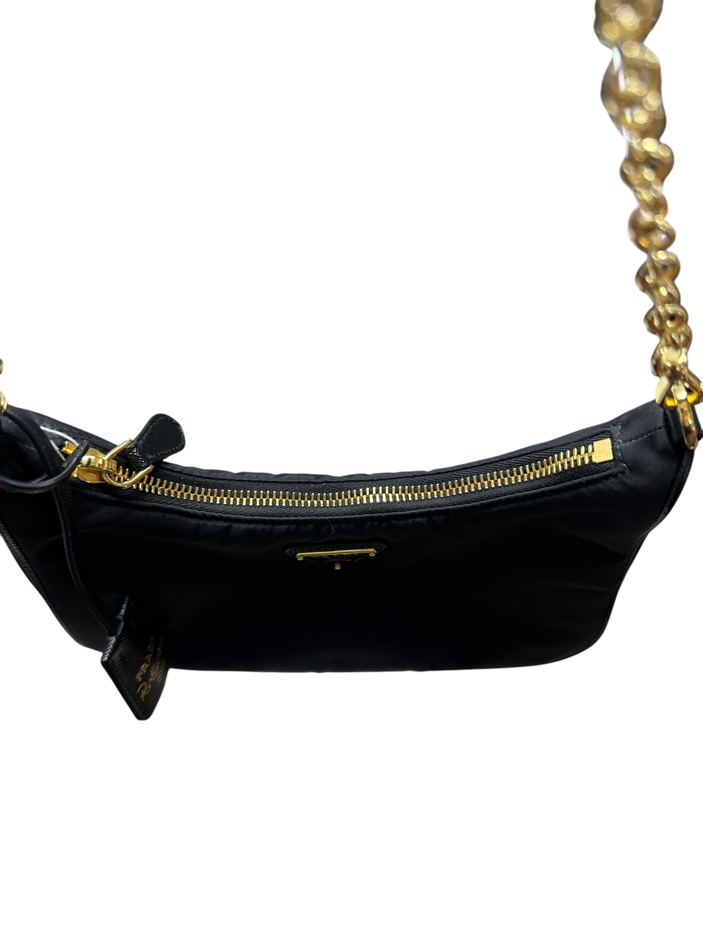 PRADA Re-Edition 2005 Nylon Chain Shoulder Bag Black Gold Hardware PR197