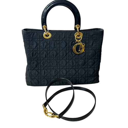 Christian Dior Cannage Nylon Lady Dior Large Handbag Black Gold Hardware CH2148