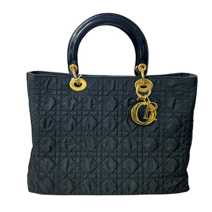 Christian Dior Cannage Nylon Lady Dior Large Handbag Black Gold Hardware CH2148