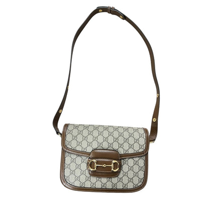 GUCCI GG Supreme Horsebit 1955 Shoulder Bag Beige Brown Gold Hardware GU596