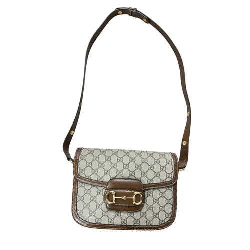 GUCCI GG Supreme Horsebit 1955 Shoulder Bag Beige Brown Gold Hardware GU596