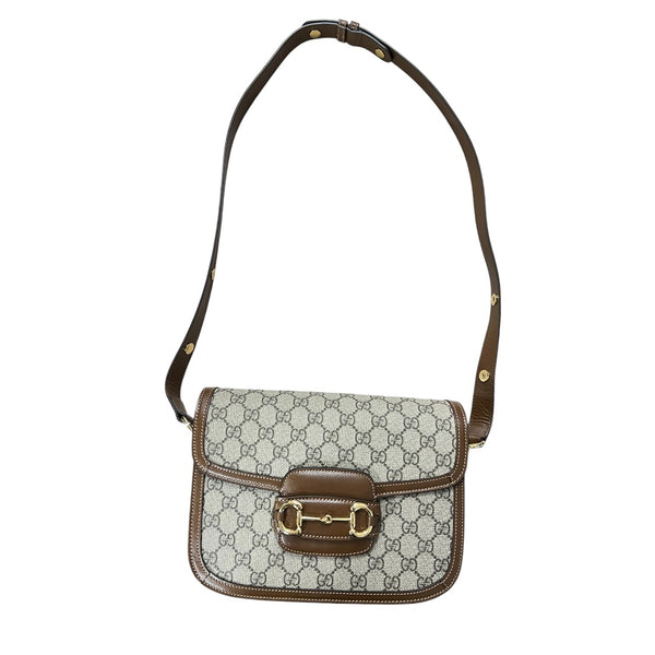 GUCCI GG Supreme Horsebit 1955 Shoulder Bag Beige Brown Gold Hardware GU596
