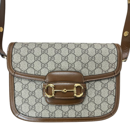 GUCCI GG Supreme Horsebit 1955 Shoulder Bag Beige Brown Gold Hardware GU596