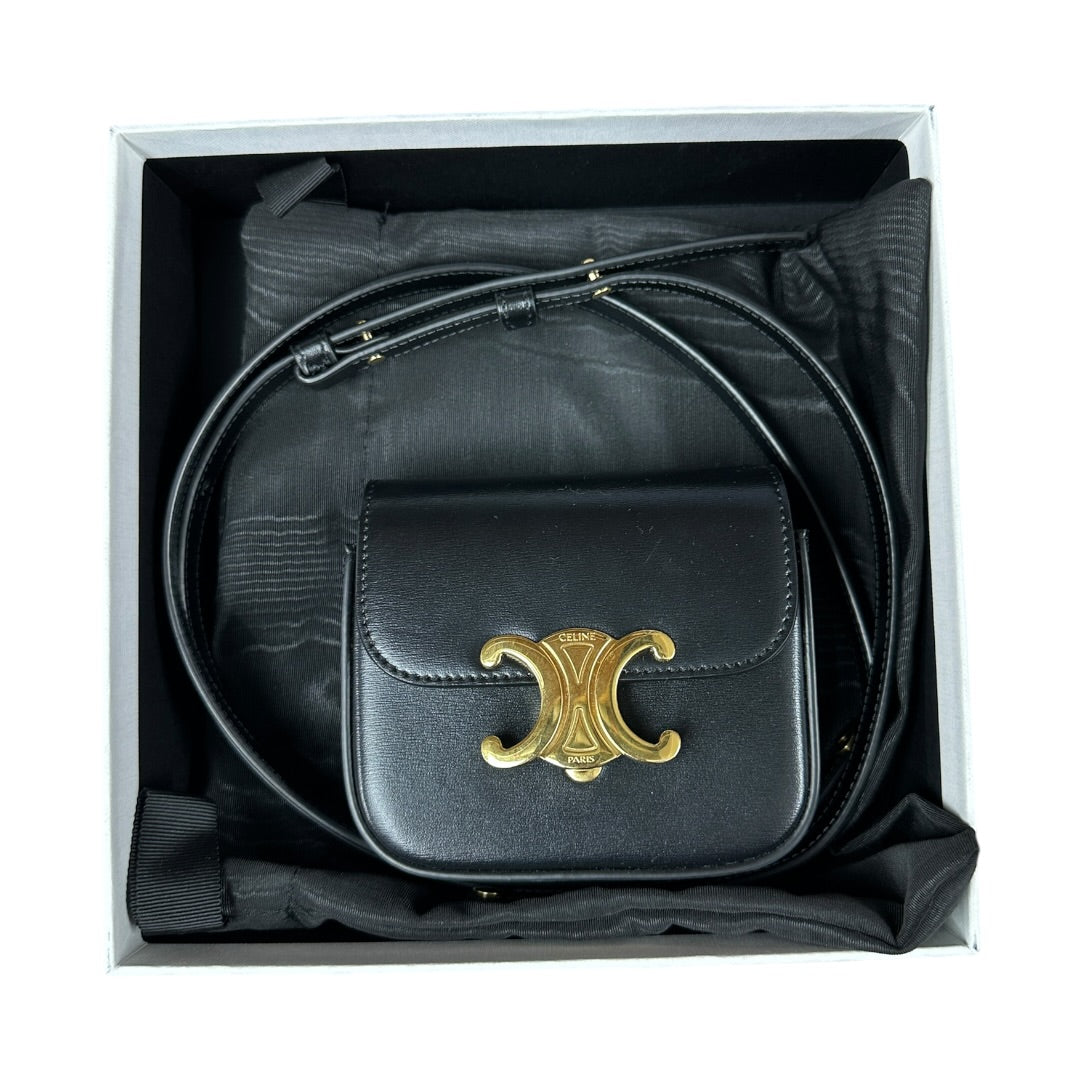 CELINE Smooth Calfskin Mini Triomphe Shoulder Bag Black Gold Hardware CE259