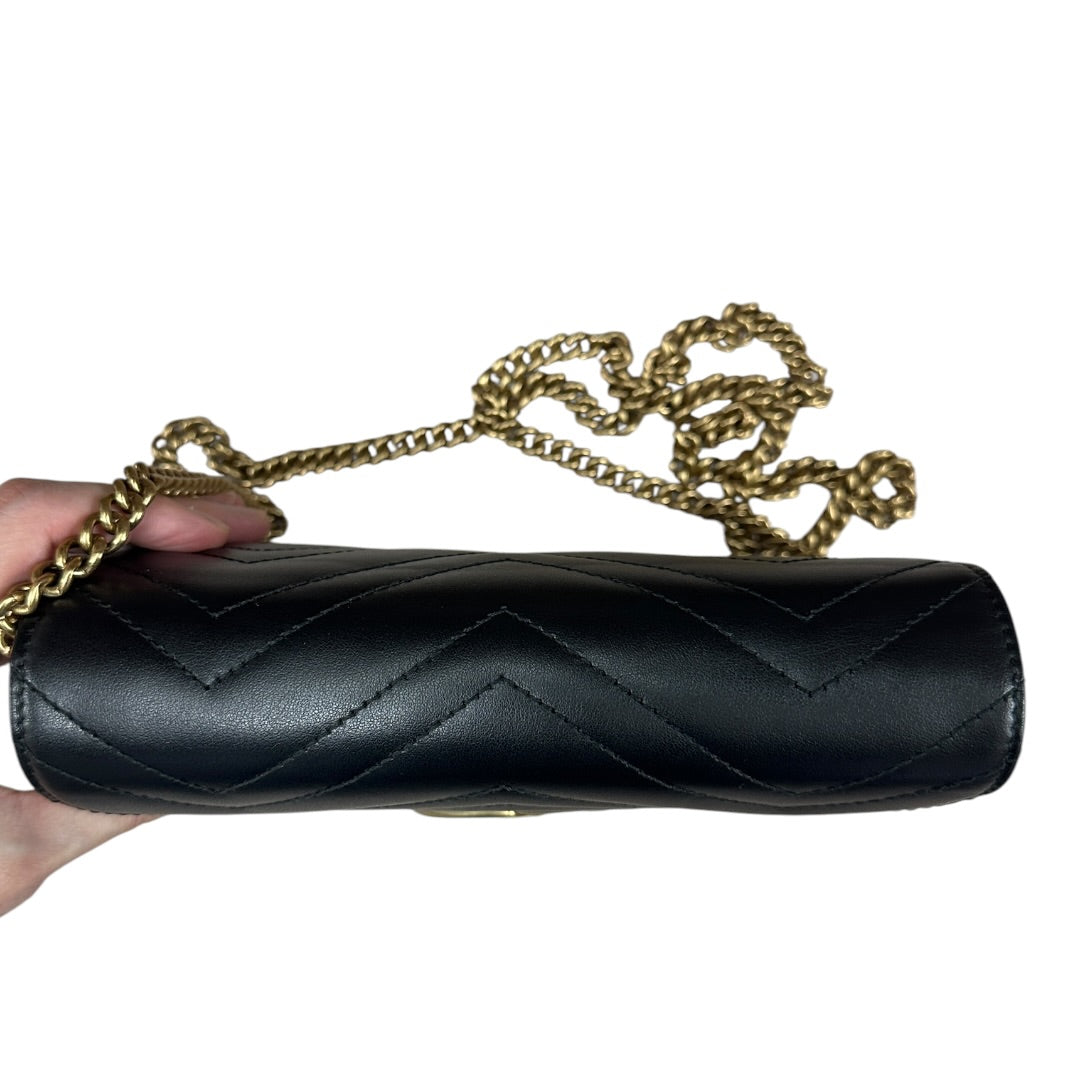 GUCCI Matelasse Leather GG Marmont Mini Wallet on Chain Crossbody Bag Black Gold Hardware GU603
