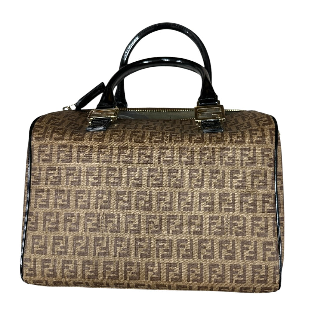 FENDI Zucchino Canvas Boston Handbag Brown Patent Trim Gold Hardware FE376