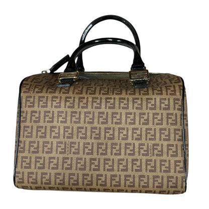 FENDI Zucchino Canvas Boston Handbag Brown Patent Trim Gold Hardware FE376