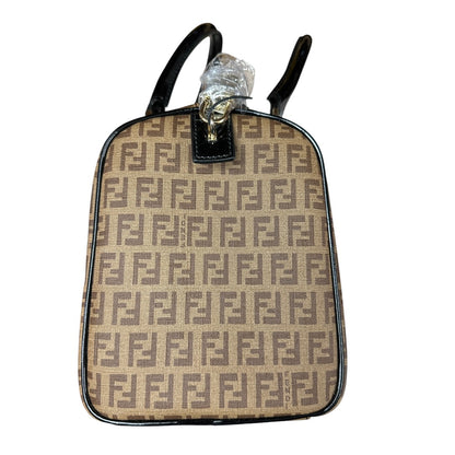 FENDI Zucchino Canvas Boston Handbag Brown Patent Trim Gold Hardware FE376