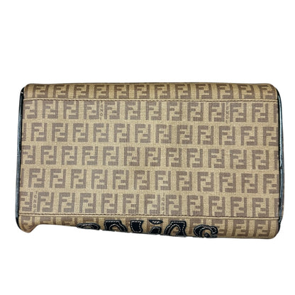 FENDI Zucchino Canvas Boston Handbag Brown Patent Trim Gold Hardware FE376