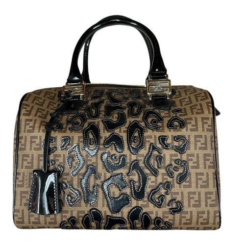 FENDI Zucchino Canvas Boston Handbag Brown Patent Trim Gold Hardware FE376