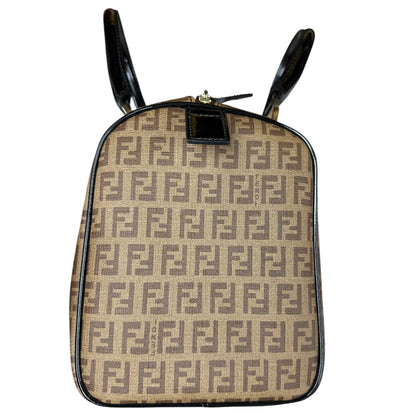 FENDI Zucchino Canvas Boston Handbag Brown Patent Trim Gold Hardware FE376