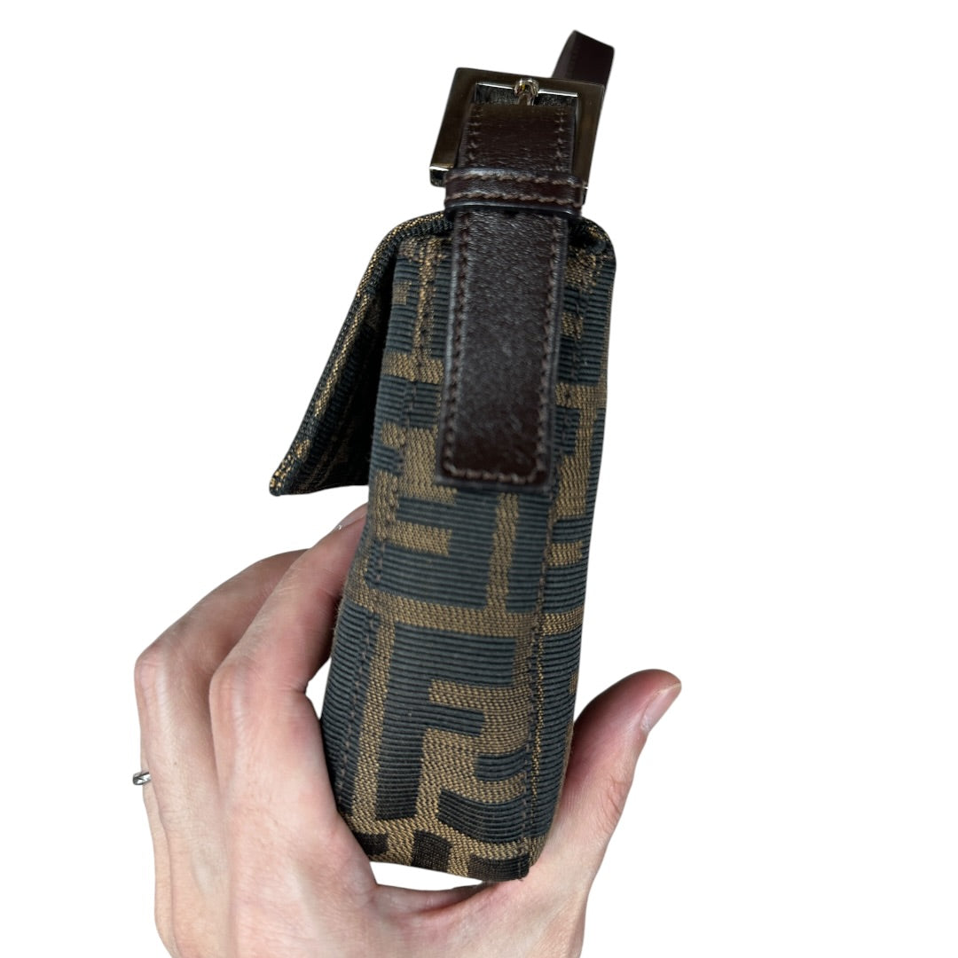 FENDI Zucca Canvas Baguette Shoulder Bag Brown Black Silver Hardware FE378