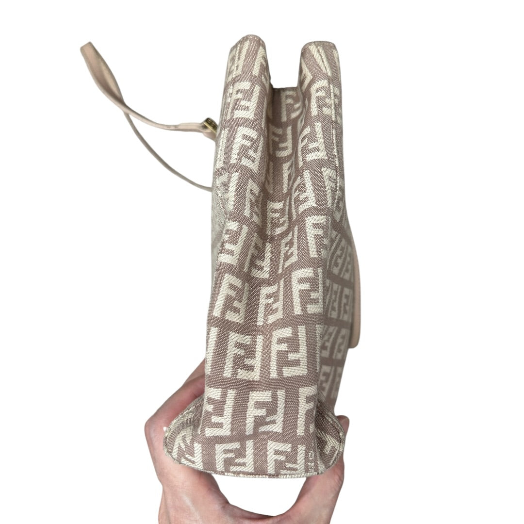 FENDI Zucchino Canvas Tote Shoulder Bag Beige Silver Hardware FE377