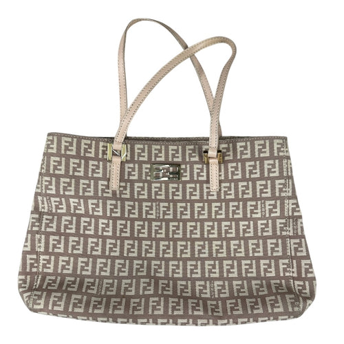 FENDI Zucchino Canvas Tote Shoulder Bag Beige Silver Hardware FE377
