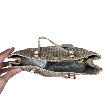 FENDI Zucchino Canvas Tote Shoulder Bag Beige Silver Hardware FE377