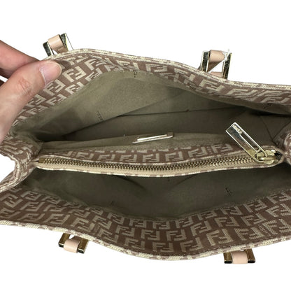 FENDI Zucchino Canvas Tote Shoulder Bag Beige Silver Hardware FE377