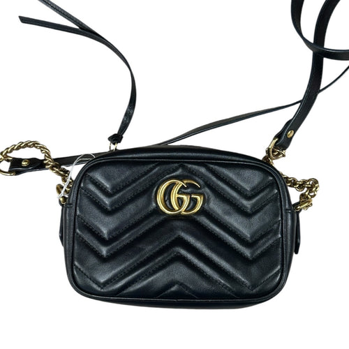 GUCCI Matelasse Leather GG Marmont Mini Camera Crossbody Bag Black Gold Hardware GU602