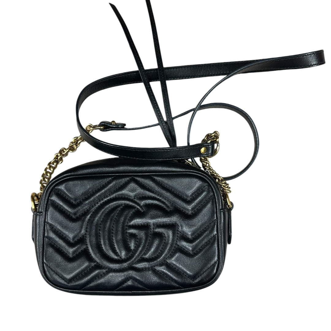 GUCCI Matelassé Leather GG Marmont Mini Camera Crossbody Bag Black Gold Hardware GU602