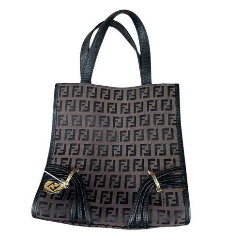 FENDI Zucchino Canvas Tote Handbag Brown Black Gold Hardware FE380