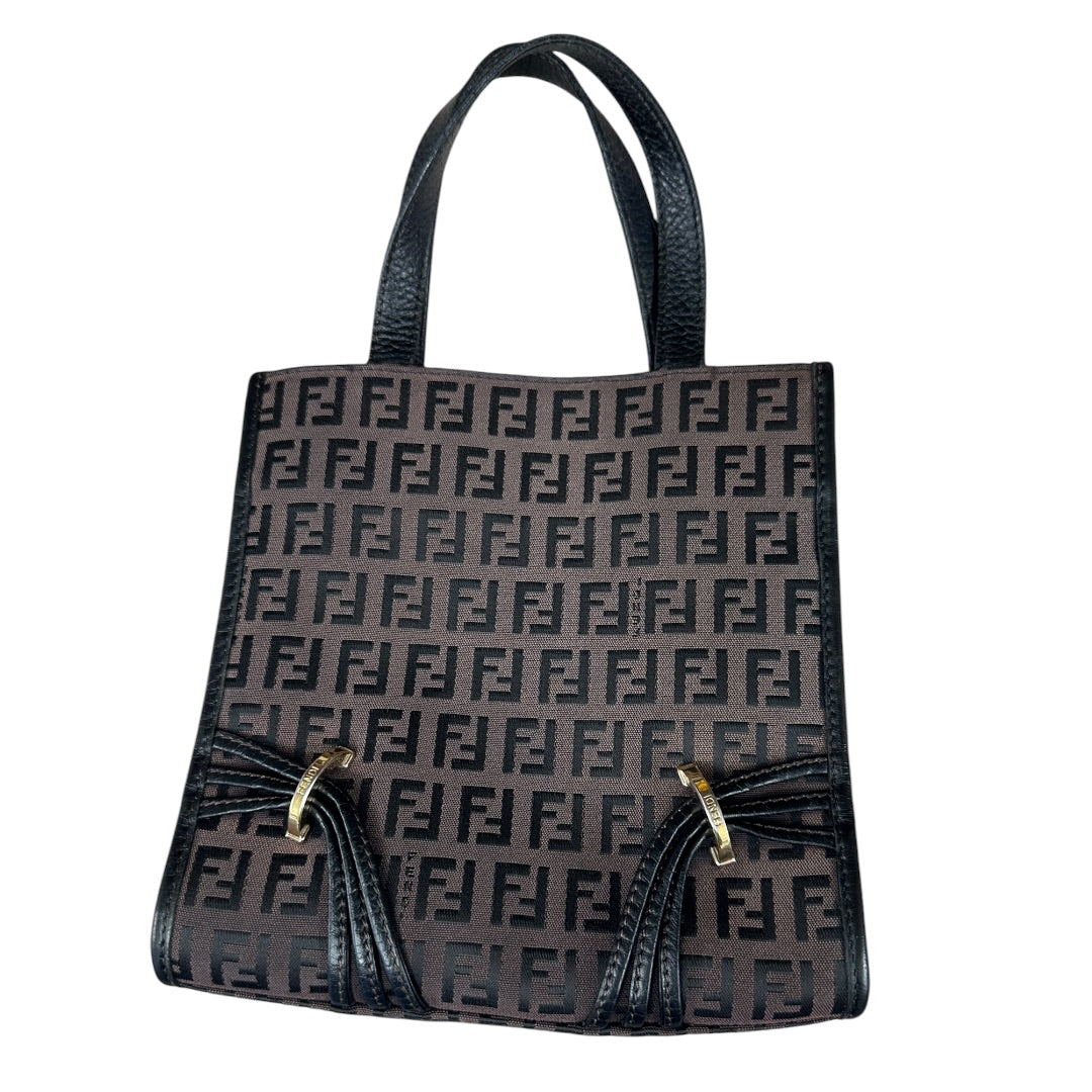 FENDI Zucchino Canvas Tote Handbag Brown Black Gold Hardware FE380