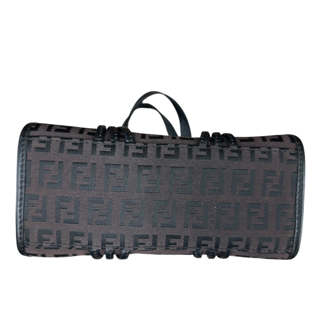 FENDI Zucchino Canvas Tote Handbag Brown Black Gold Hardware FE380