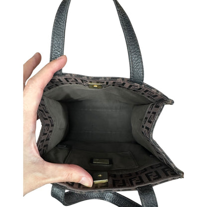 FENDI Zucchino Canvas Tote Handbag Brown Black Gold Hardware FE380