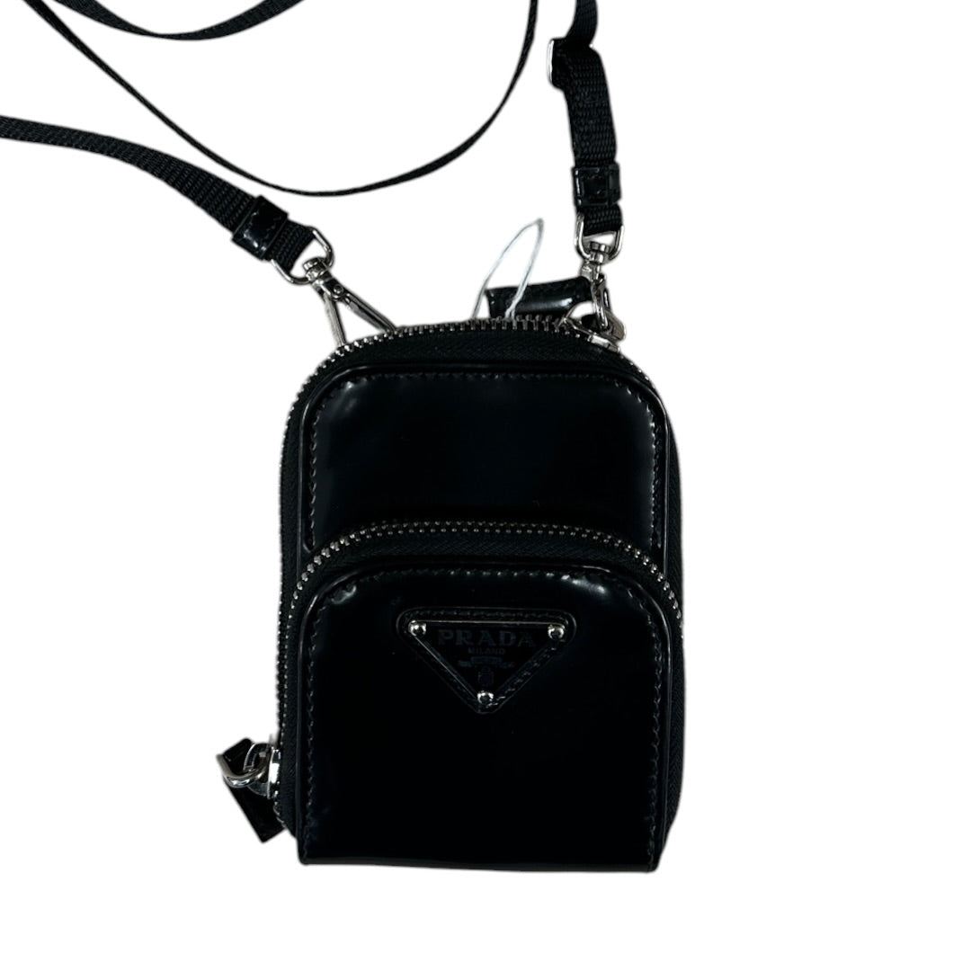 PRADA Brushed Leather Mini Crossbody Bag with Front Pocket Black Silver Hardware PR200