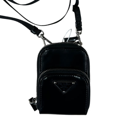 PRADA Brushed Leather Mini Crossbody Bag with Front Pocket Black Silver Hardware PR200