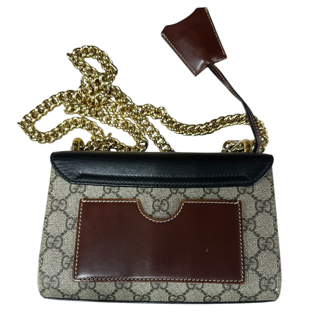 GUCCI GG Supreme Padlock Small Shoulder Bag Beige Black Gold Hardware GU599